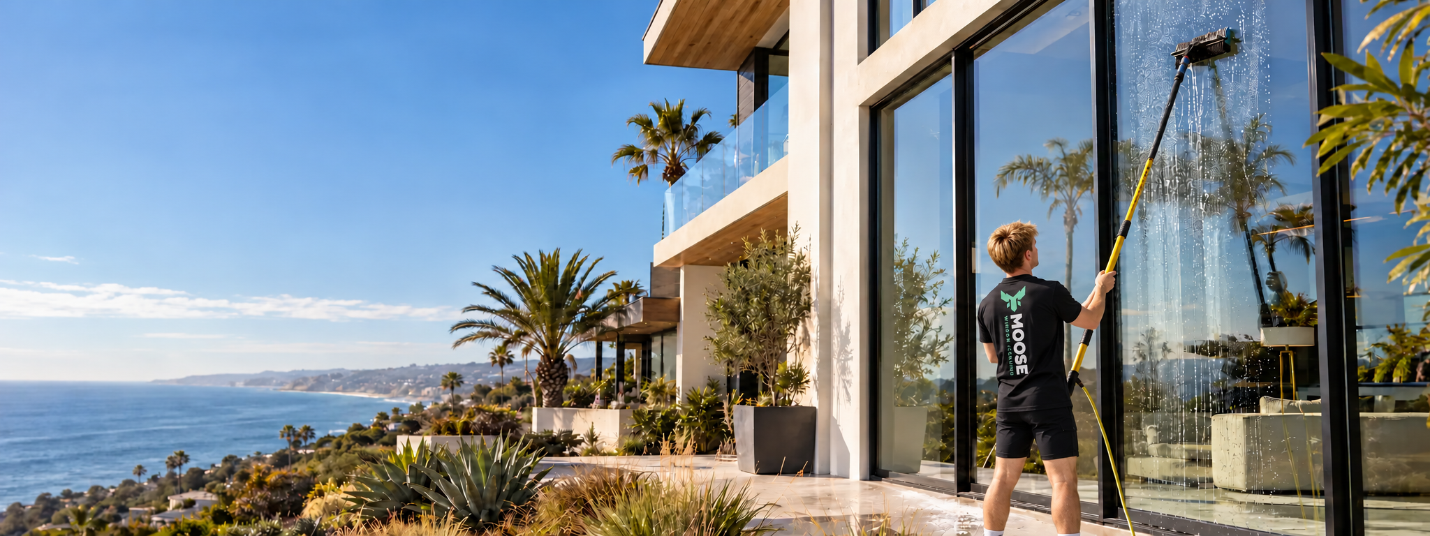 MOOSE Window Cleaning technician working on a San Diego home